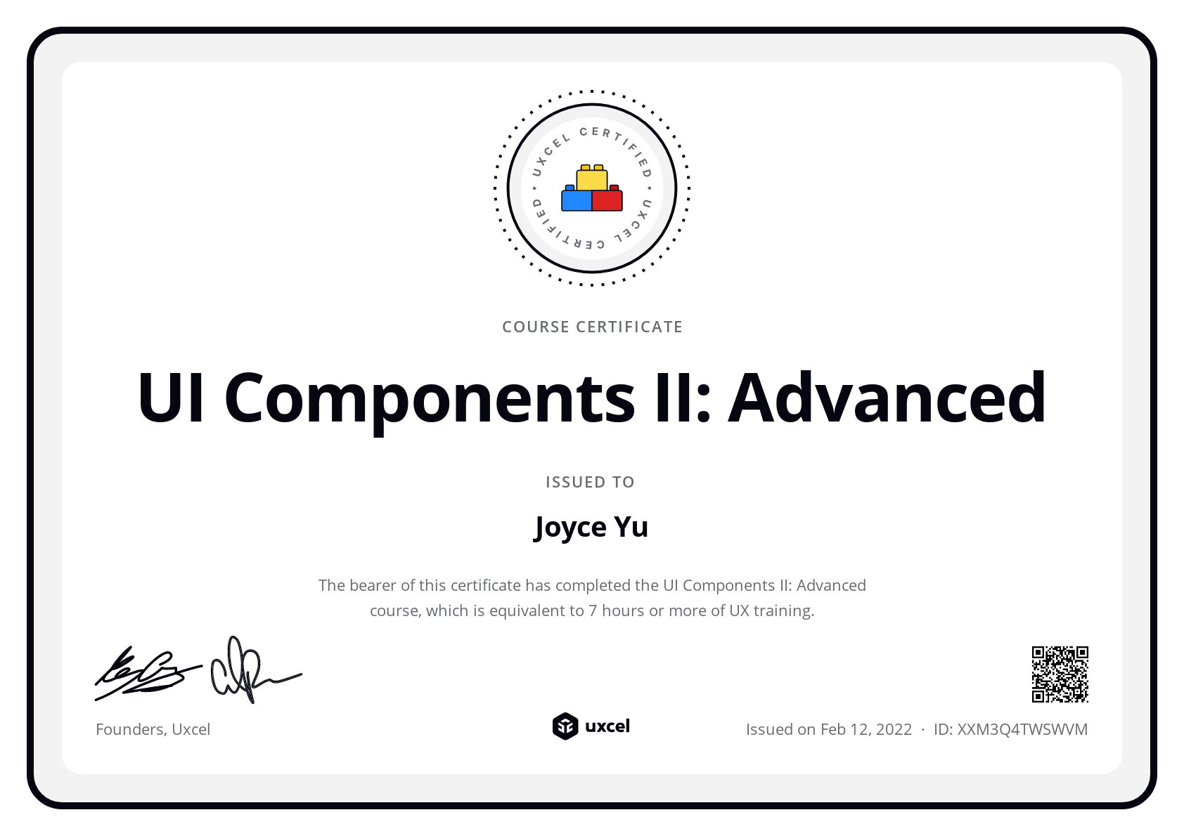 Joyce Yu's certificate